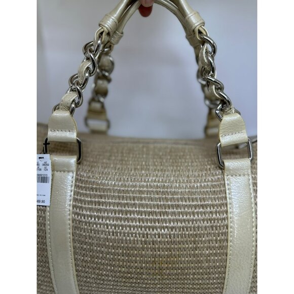 NWT Express Beige Woven Straw & Faux Leather Barrel Bag With Chain Handles - Picture 2 of 5